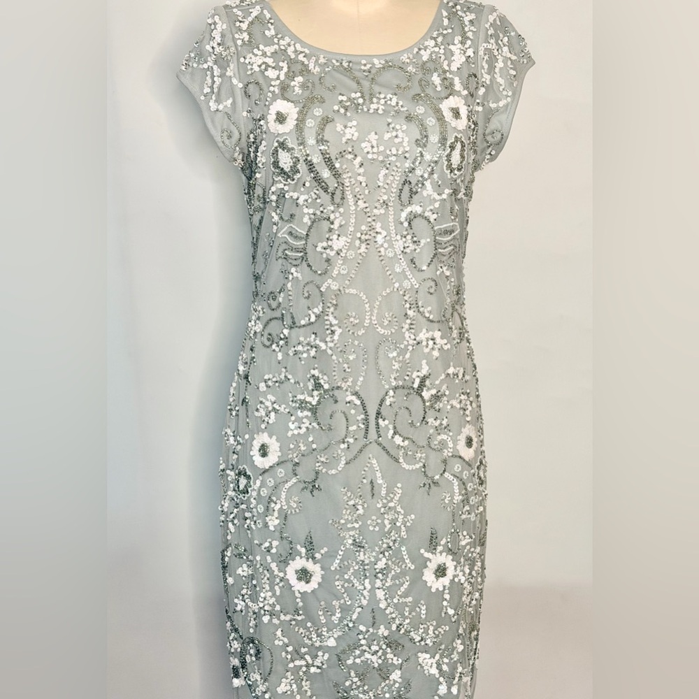 Aidan Mattox Embellished Powder Gray Sheath Midi Evening Dress